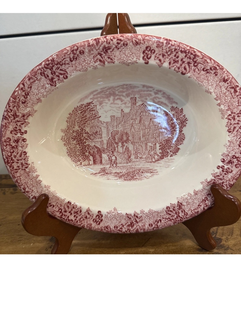 Wedgwood Cream and Red Transferware Serving Bowl with Scenic Motif